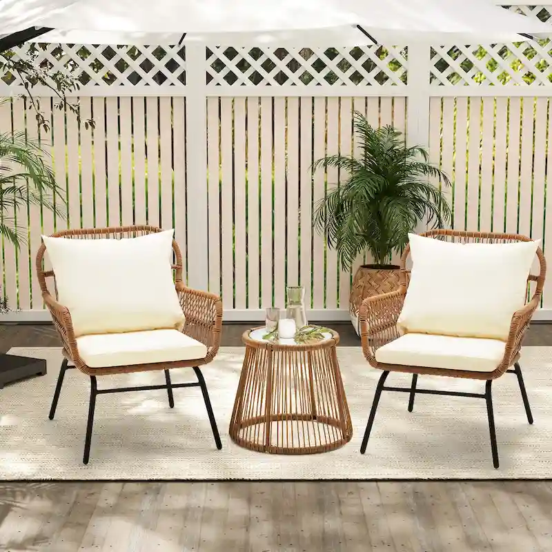 3-Piece Patio Conversation Bistro Set, Outdoor Rattan Furniture Set with Glass Table & 2 Wide Armchairs, Seat Cushions