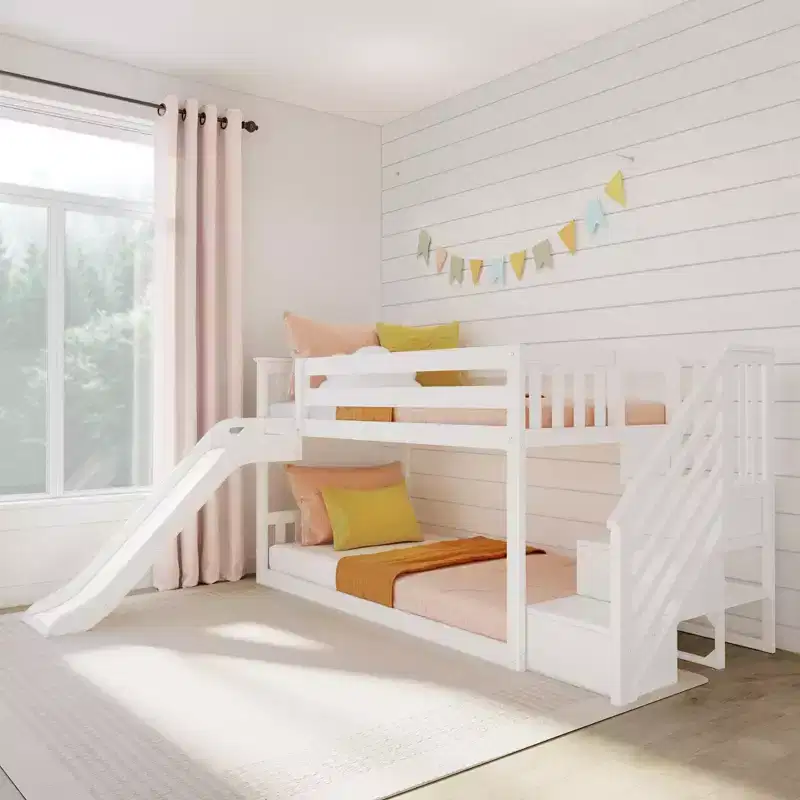 Twin Over Twin Low Bunk Bed with Slide & Stairs, Solid Wood Kids Platform Bed, 14 Guardrails