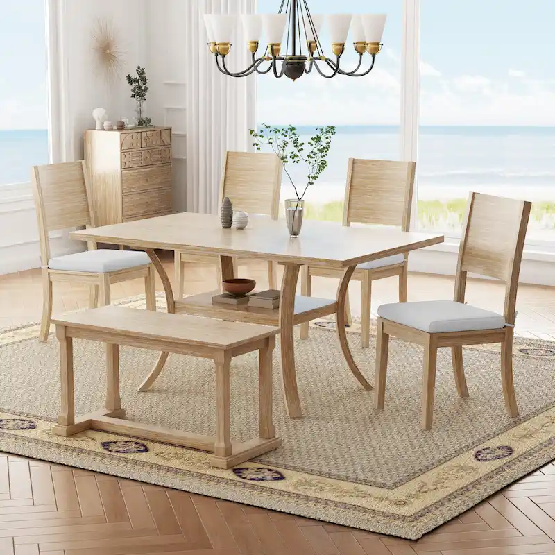 6 Pcs Dining Table Set with Storage Shelf and Curved Legs, Kitchen Furniture Dining Table Set with Bench and 4 Dining Chairs