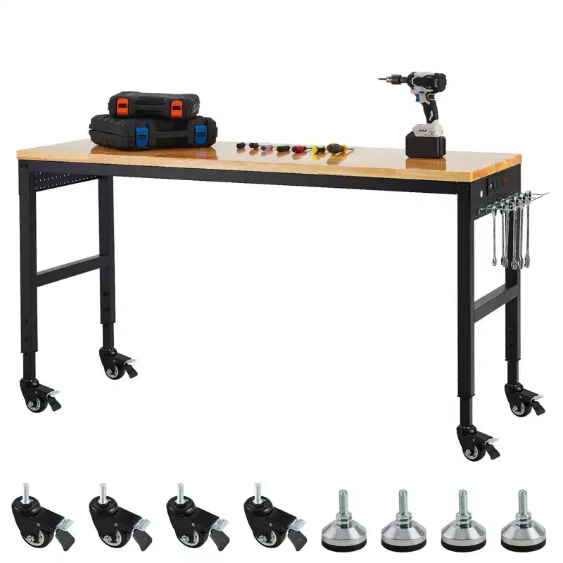 Adjustable Workbench 75x25 鈥?2000 lb Capacity, 5 Height Settings, Power Outlet & Locking Wheels