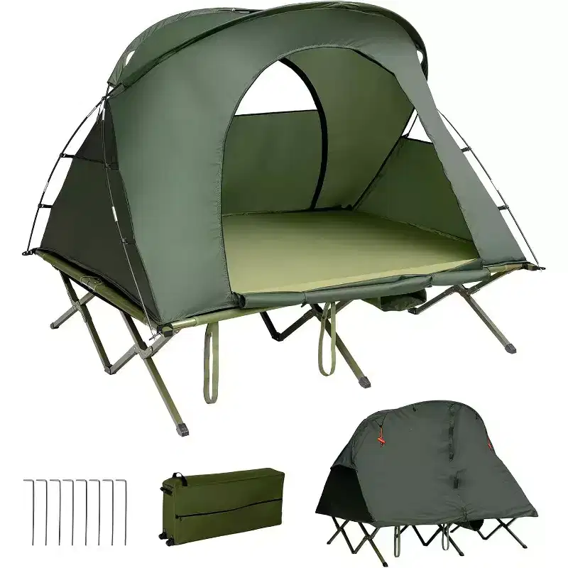 Gymax 2-Person Camping Cot Tent Folding Tent Bed W/ Waterproof External Cover Self-Inflating Mattress & Carrying Bag Portable Elevated Tent Green/Gray