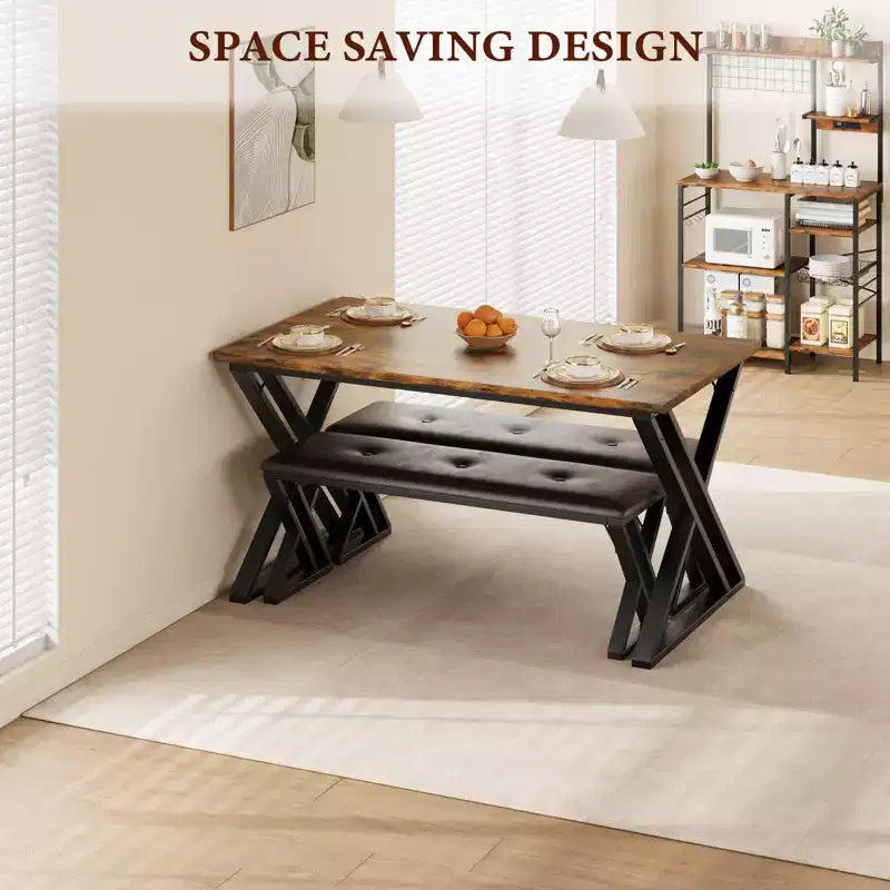 Dining Table Set for 4, Industrial Kitchen Table with 2 PU Padded Benches, Mid-Century Modern Wooden Dining Room Table
