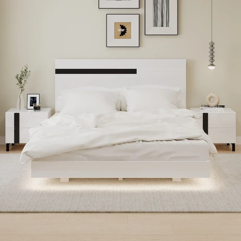 Roomfitters Modern 3 Piece Glossy Queen Platform Bed Set, Lighted Frame, 2 Nightstands, White