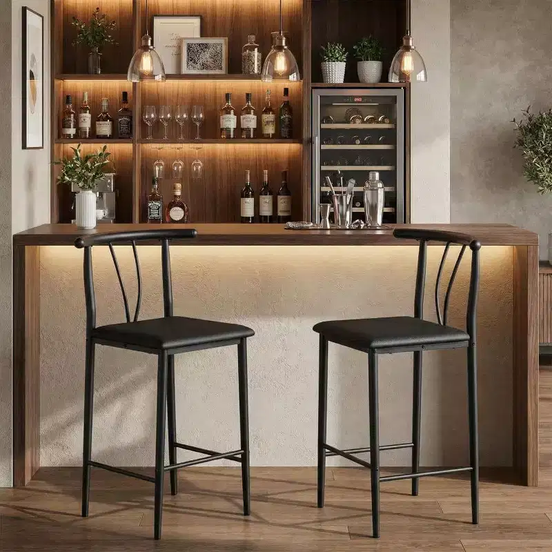 Bar Stools Set of 2/4, 25 Inch Counter Height Faux Leather Stools with Back, Black Metal Legs