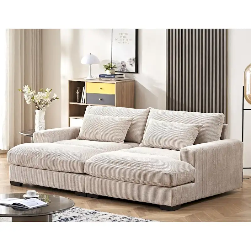 Luxe Sleeper Sofa with Soft Corduroy Upholstery Double Chaise Design Convertible to Twin Size Bed Extra Large