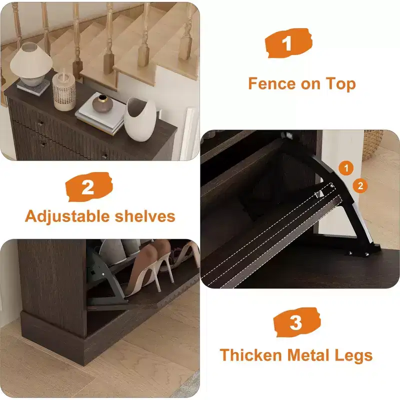 Shoe Cabinet, Entryway Cabinet  42Tall Walnut Wooden Cabinet 2 Flip Drawers+Top Drawer Curved Profile