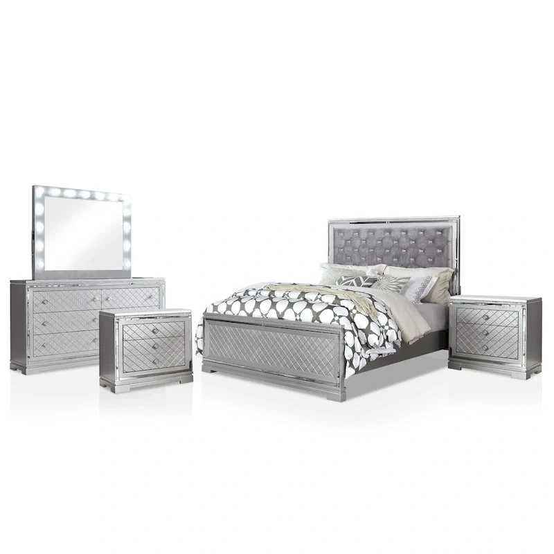 Seleena Glam Silver Wood 5-Piece Tufted Panel Bedroom Set with USB Port by Furniture of America