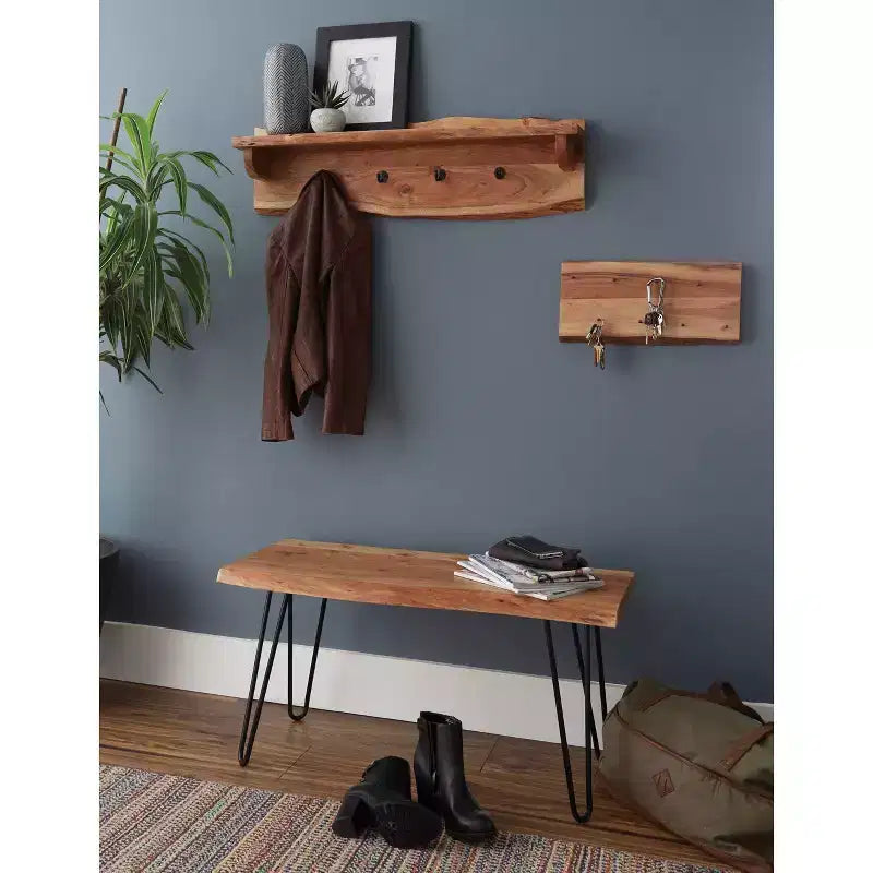 36 Hairpin Live Edge Wood Storage Bench with Coat Hook Shelf Set Natural - Alaterre Furniture