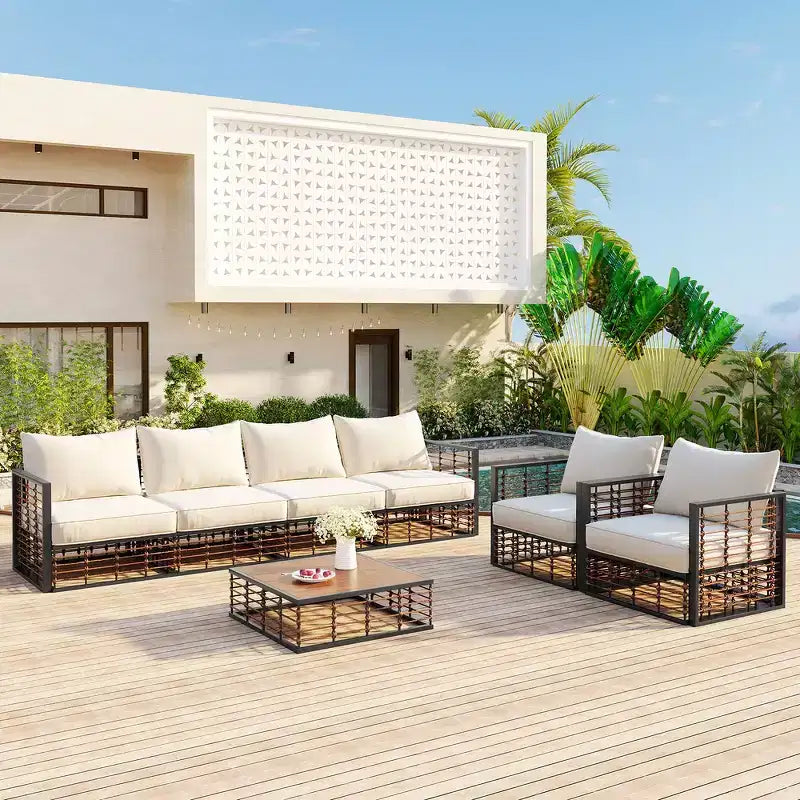 Whisen Modern Minimalist 7-Piece Patio Sectional Sofa Set, All-Weather Garden Conversation Furniture Set