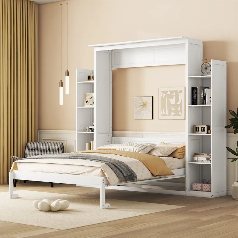 Queen Size Murphy Wall Bed with Shelves and LED Lights