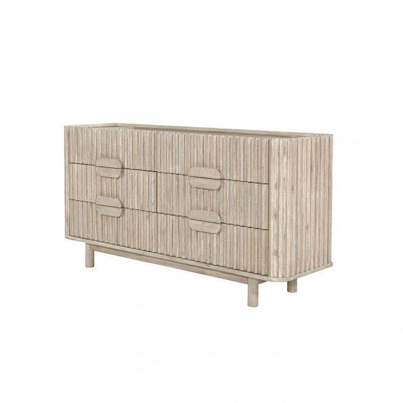 6-Drawer Dresser – Beige, Solid Acacia Wood, Velvet-Lined Top Drawers, Metal Glides