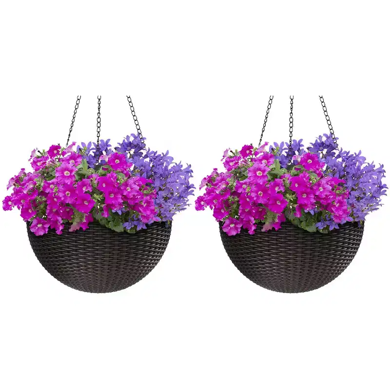 Sorbus Hanging Planter Round Self-Watering Basket, Resin Woven Wicker Style, Great for Home, Garden, Patio - Espresso Brown (Large, 2-Pack)