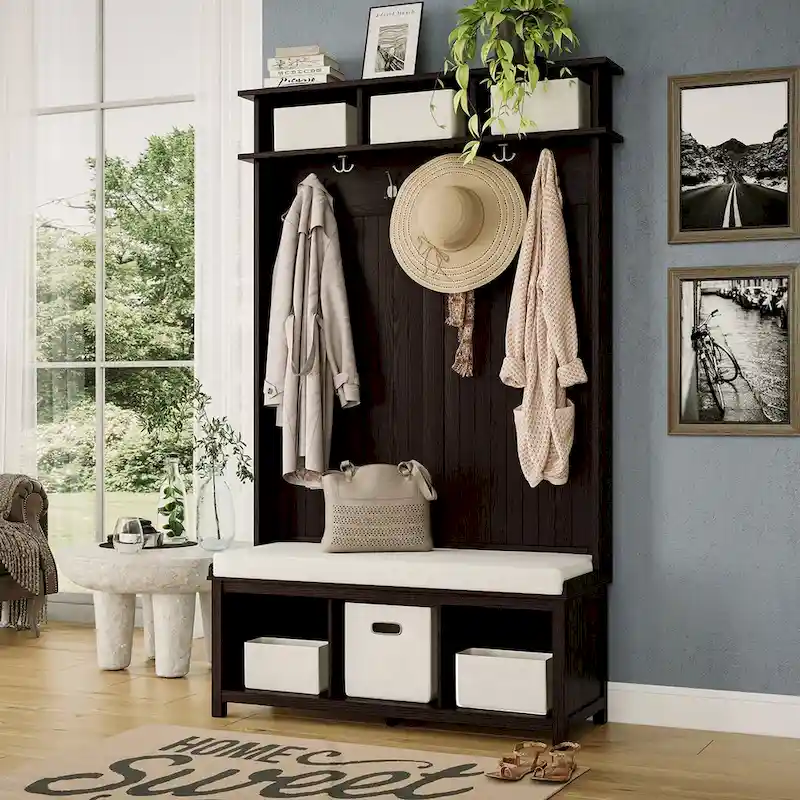 Solid Wood Hall Tree with Shoe and 1 Bin Storage