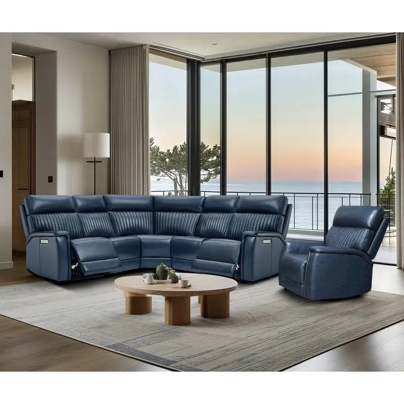 105 W Genuine Leather Power Reclining Sectional and Recliner Sofa Set with USB&USB-C Port, 2 Stationary Armlesschairs