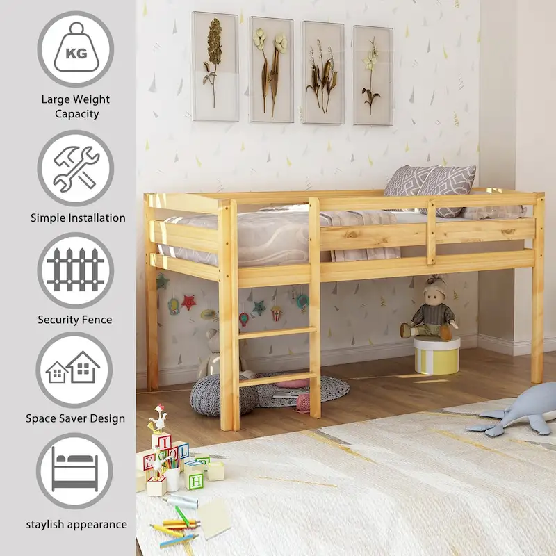 Twin Size Wood Low Loft Bed with Ladder and Fence for Kids, Boys and Girls