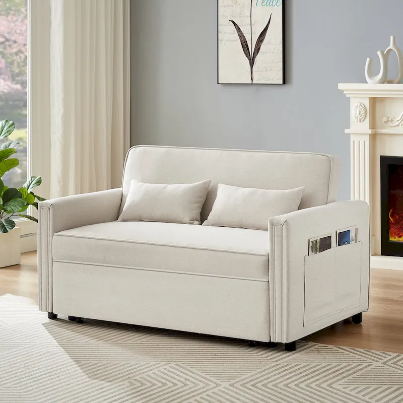 Linen Convertible Loveseat Sleeper Sofa with Adjustable Backrest - 38.60 x 54.00 x 31.90
