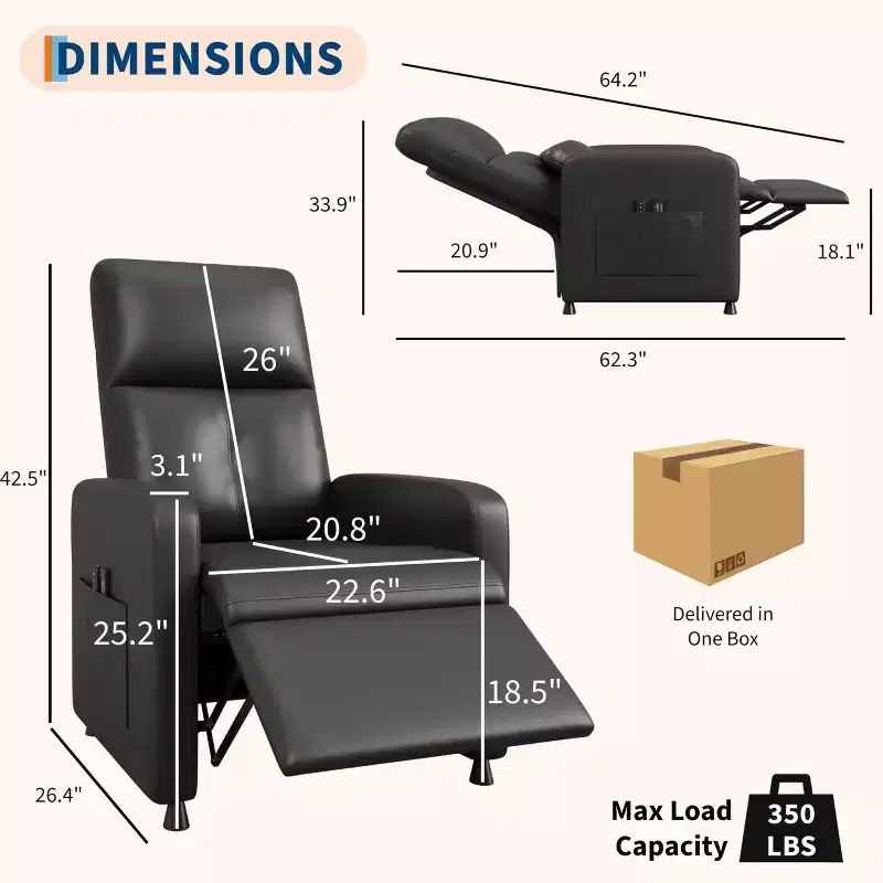 Power Lift Recliner Chair, Overstuffed PU Leather Single Sofa with Tall Back & 2 Side Pockets, Adjustable Home Theater Seating for Living Room