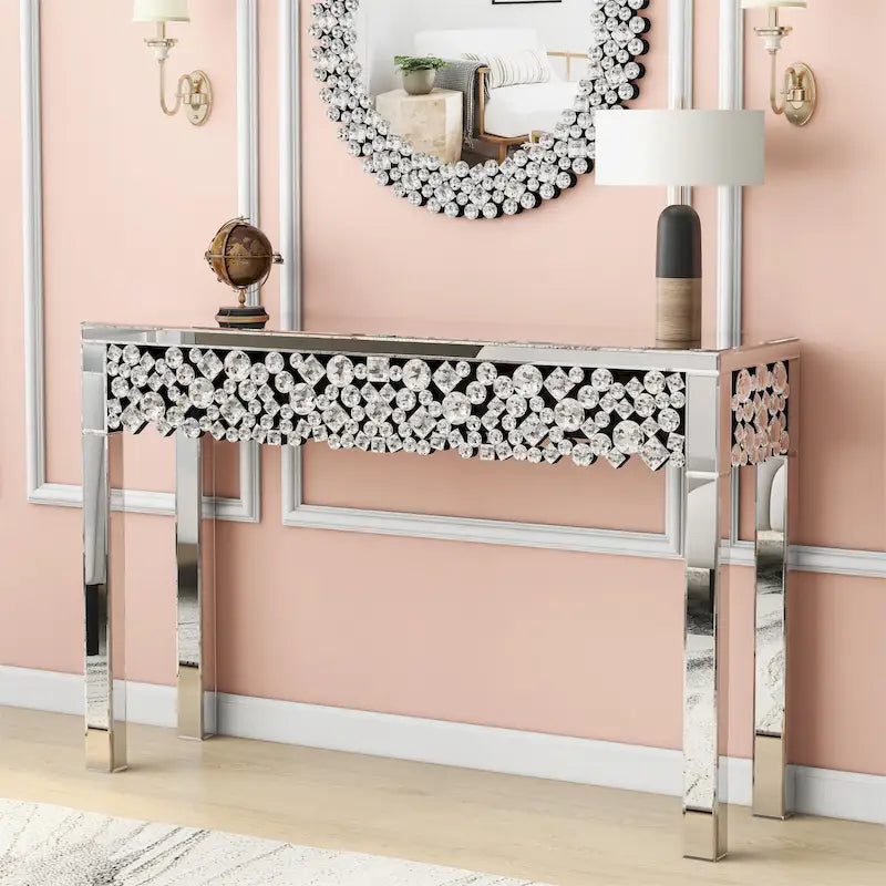 Glam Console Table Entryway Table with Crystal Frame