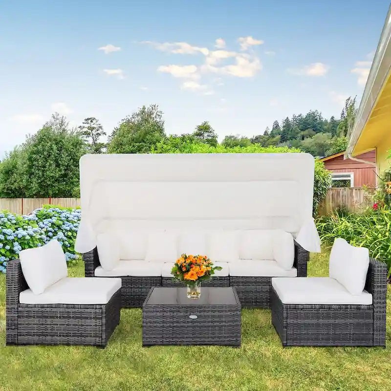 Costway 6-Piece Outdoor Patio Furniture Set Retractable Canopy
