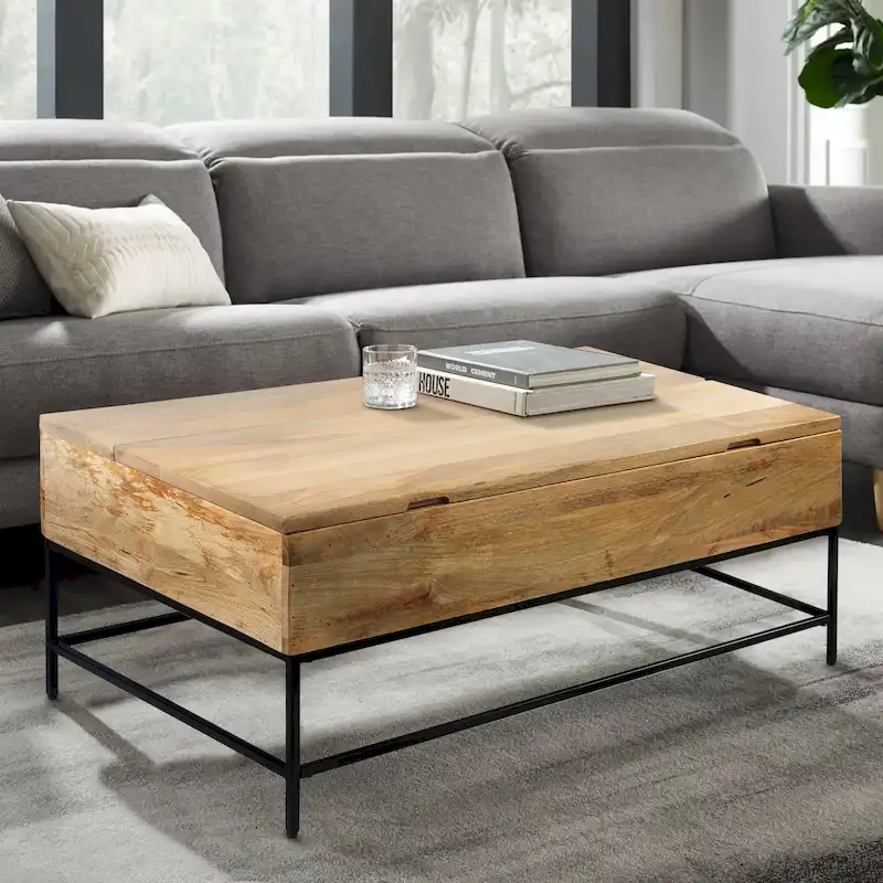 Audrey 45 inch Lift Top Mango Wood Rectangular Coffee Table - Wood and Metal, Natural Brown and Black
