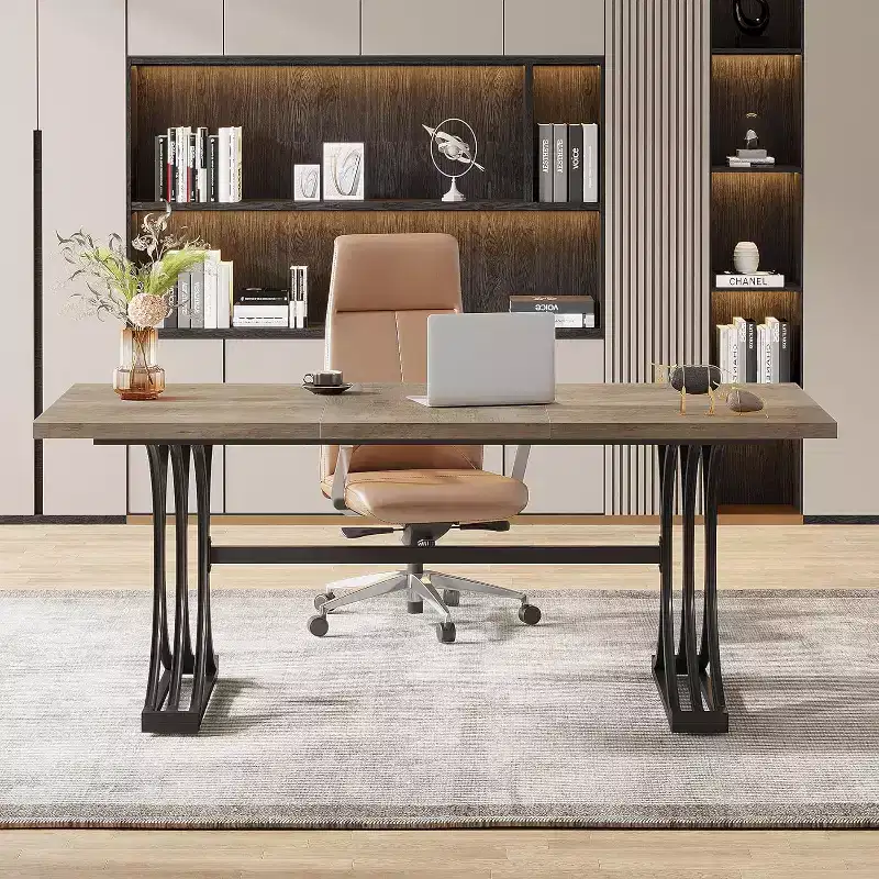 Lantine 63 Large Modern Executive Office Desk with Stylish Legs, Wood Computer Desk, Business Furniture Work Desk for Home Office (Grey and Black)