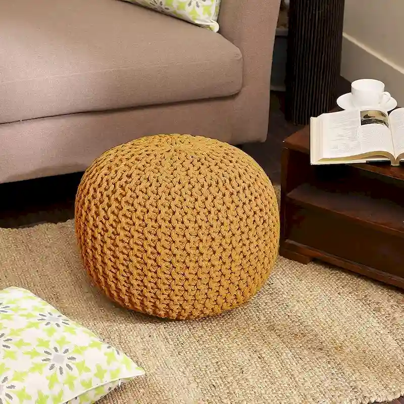 Hand Knitted Pouf Cotton Braided Cord Cable Ottoman - Foot Stool - Accent Seat Furniture Bean Bag - Living Room Kids - 18x18x14