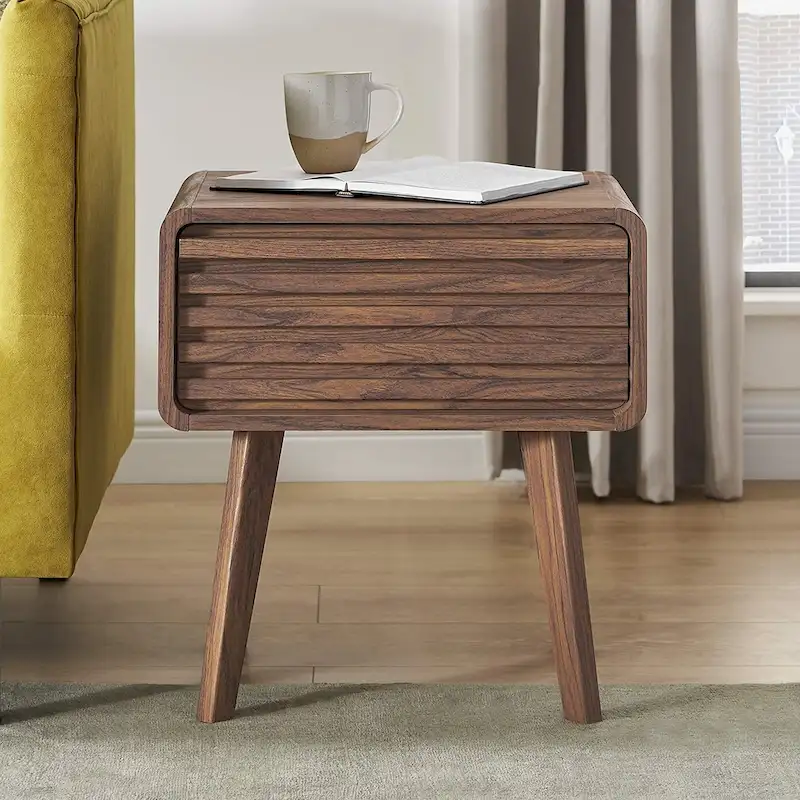 Mid-Century Modern Nightstand with Slatted Door and Smooth-Glide Drawer