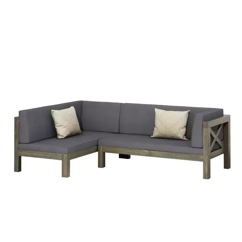 GDFStudio Caspian Outdoor Acacia Wood Left Facing 4 Seater 88.5 Sectional Sofa with Cushions