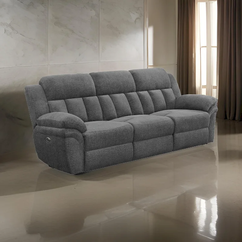 Diko 99 Inch Dual Power Recliner Sofa, Cushioned Tufted Seats, Gray Finish