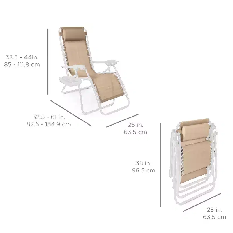Best Choice Products Set of 2 Zero Gravity Lounge Chair Recliners for Patio, Pool w/ Cup Holder Tray - Sand/White