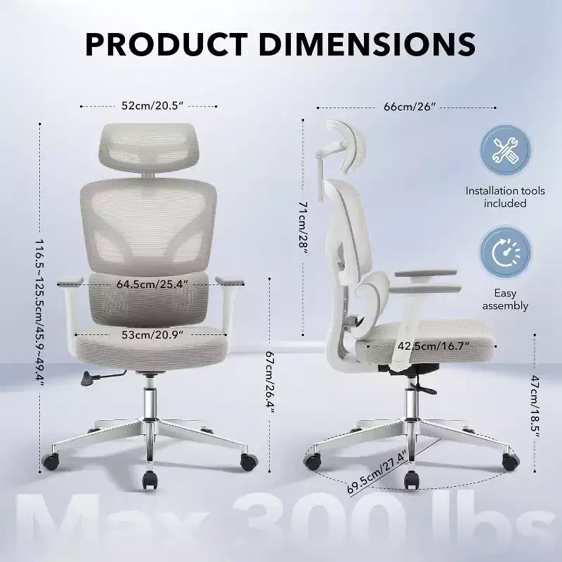 Ergonomic Office Chair w/ Adjustable Lumbar Support, High-Back Desk Gaming Chair w/ 3D Armrests, Headrest & Rolling Swivel, Comfortable Mesh Chair