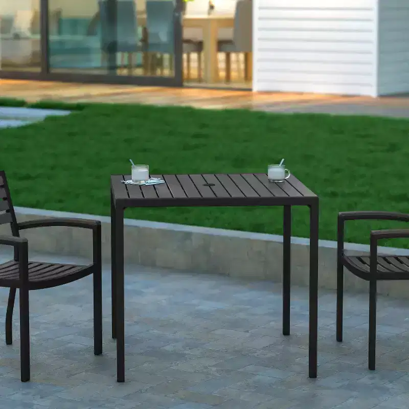 Emma and Oliver Square All-Weather Faux Teak Patio Dining Table with Steel Frame - Seats 4