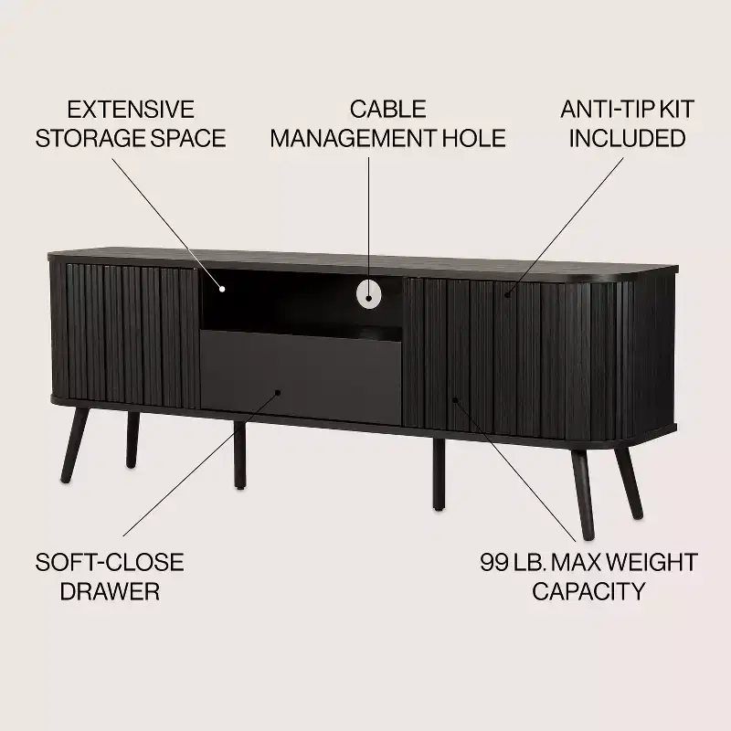 JONATHAN Y TVS1001A Damien 70 in. Farmhouse Curved TV Stand with Drawer and Storage Doors Fits TVs up to 75 in. with Cable Management