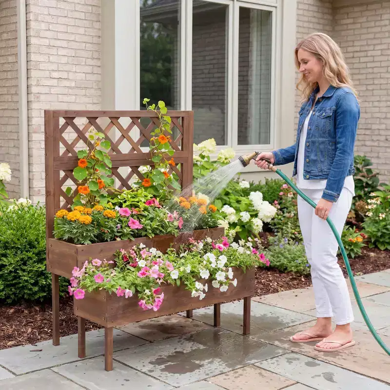2-Tier Raised Wooden Planter Box with Trellis  Ergonomic Garden Bed with Drainage Holes  Ideal for Climbing Plants, Patio, Balcony, Terrace