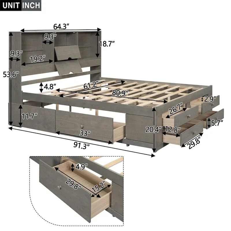 Queen Size Platform Bed with Storage Headboard and 8 Drawers