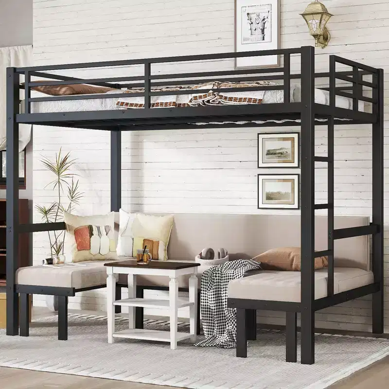 Twin XL/Full/Queen Bunk Bed Metal Loft Bed with Convertible Lower Bunk, Black - ModernLuxe