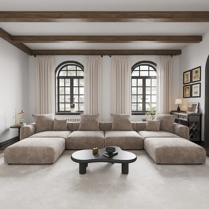 Large Modular Sectional Sofa Corduroy Upholstery U-Shaped 4 Seater with 2 Ottoman and 5 Pillows