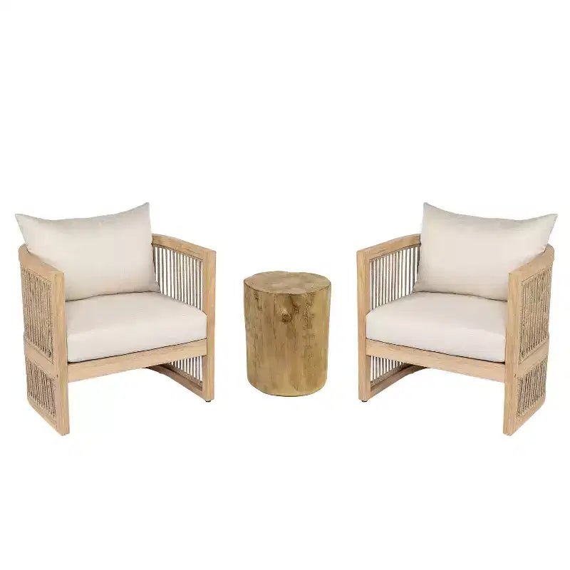 Christopher Knight Home Capheny Boho Patio 3 Piece Acacia Wood Woven Rope Chat Set with Lightweight Concrete Side Table