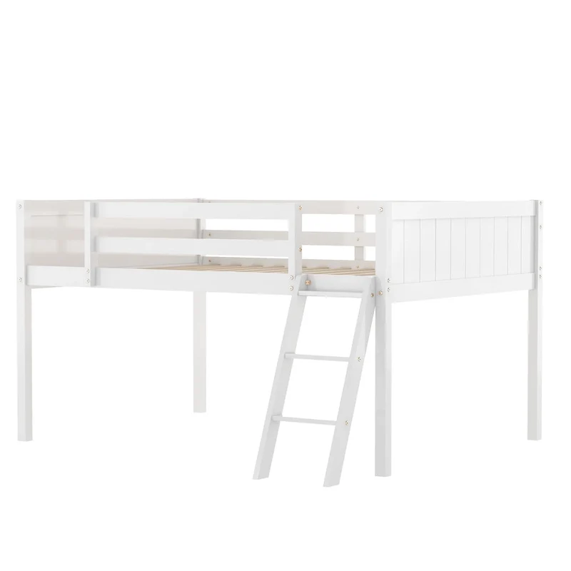 Full Size Wood Low Loft Bed with Removable Ladder, Wooden Bed Frame