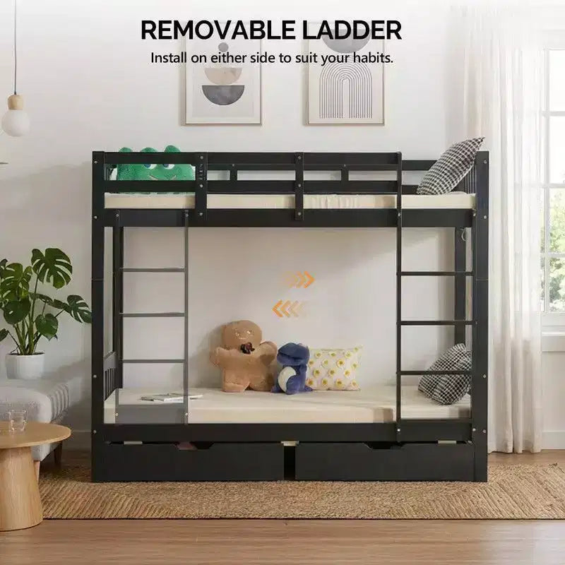 Black Solid Wood Twin Bunk Bed with Charging Station, RGB LED, 2 Drawers, Safety Guardrail and Ladders
