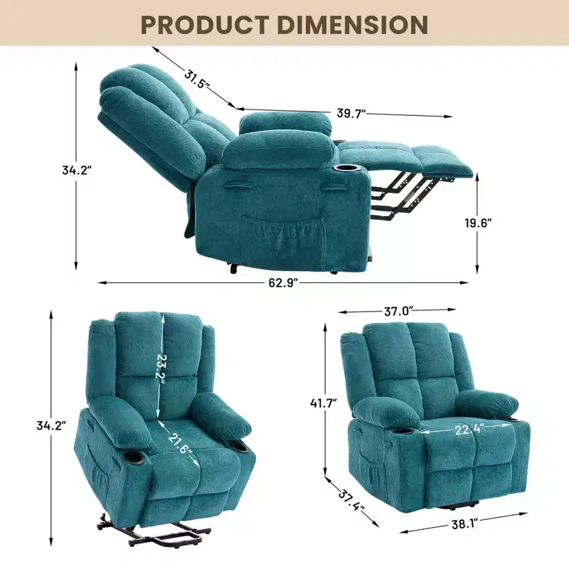 Oversized Power Lift Recliner Chair for Elderly  Electric Reclining, Heat & Massage, Stand Assist, Cup Holders, Side Pocket, Terry Cloth Upholstery