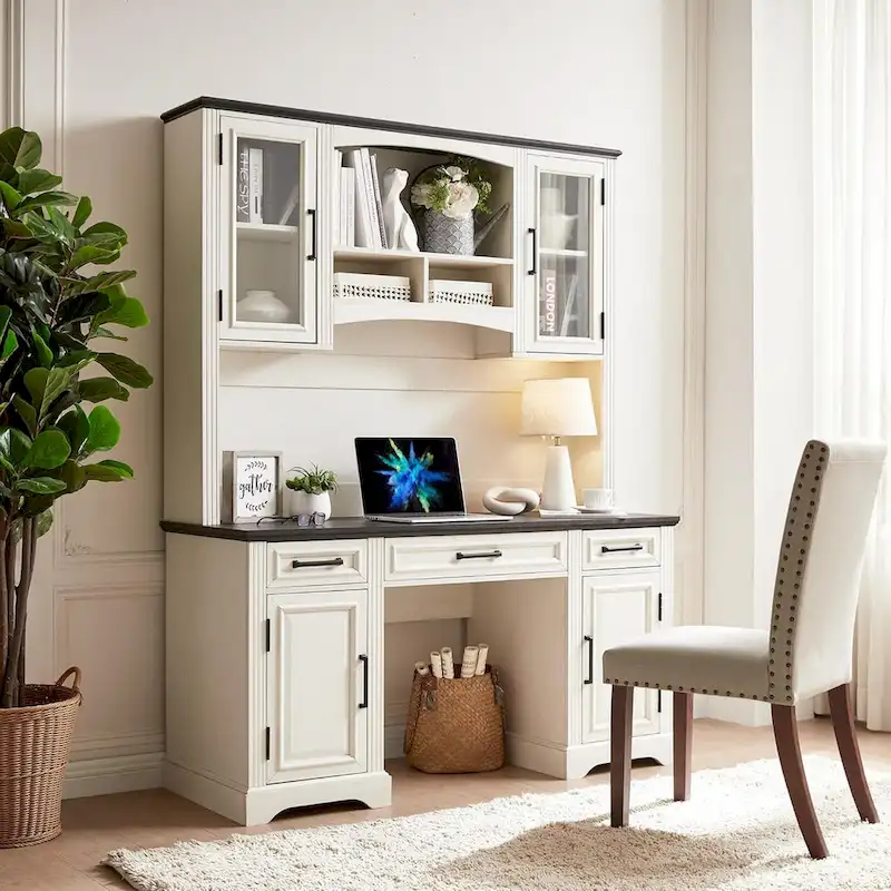 Farmhouse Computer Desk with Hutch,Office Desk with Charging Station