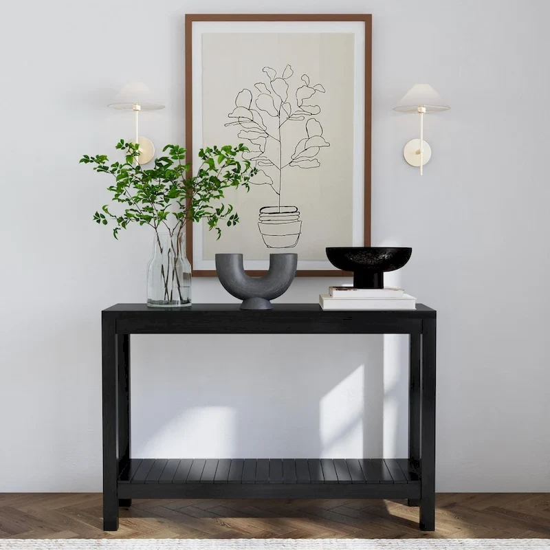 Black Solid Wood Console Table with Open Bottom Shelf, Modern Farmhouse Style