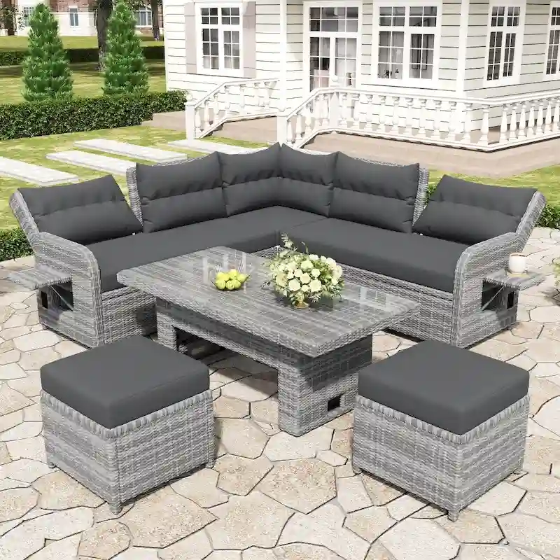 Outdoor Rattan Furniture Set with Adjustable Table, Recliners and 2 Ottomans