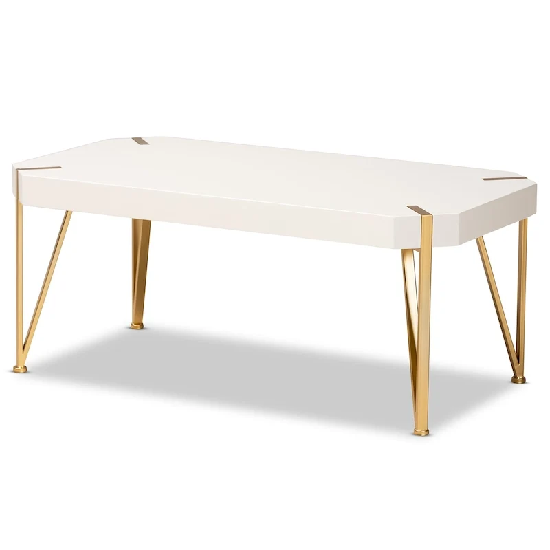 Kassa Glam Brushed Gold Metal and White Finished Wood Coffee Table