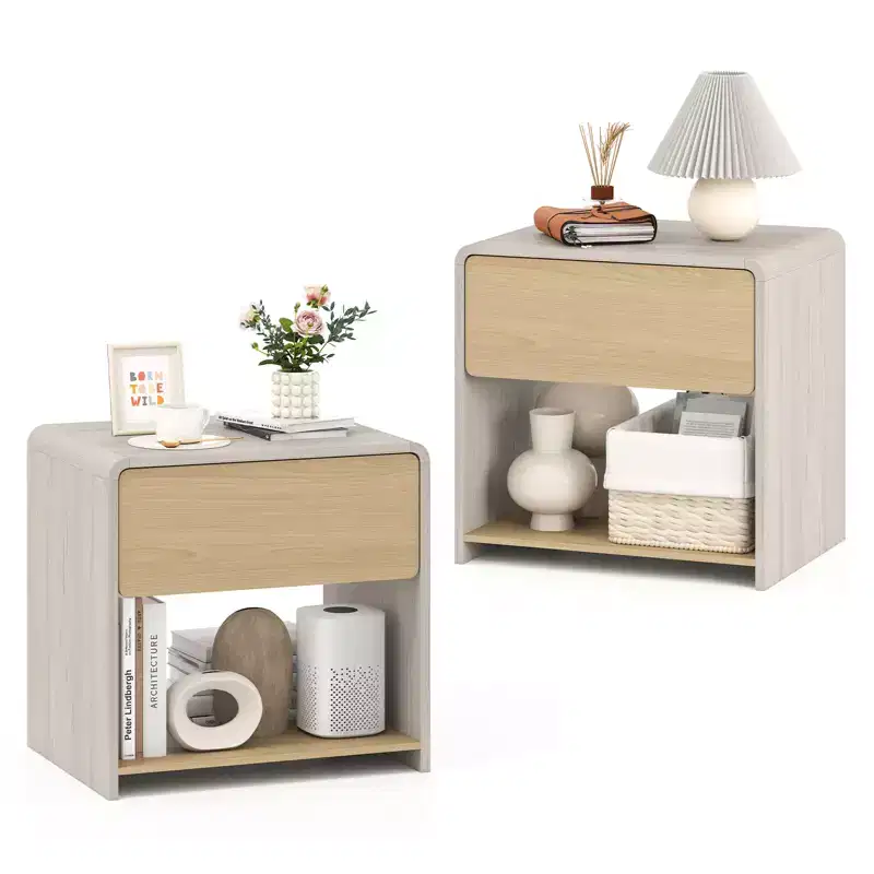 Costway 2 PCS Modern Style Nightstand 2-Tier Sofa Side Bedside Table w/ Drawer & Open Shelf