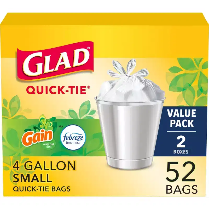 Glad Small Quick Tie Trash Bags - Gain Original - 4gal/52ct: Odor Control, Sized to Fit Specific Trash Cans