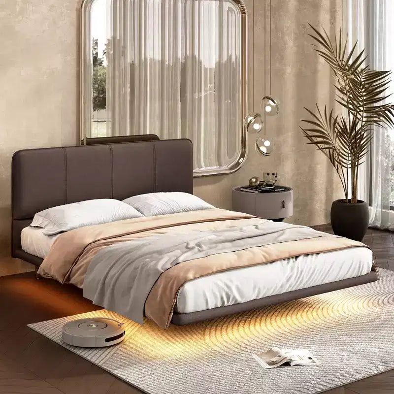 Floating Platform Bed with LED Lights and PU Leather Upholstery