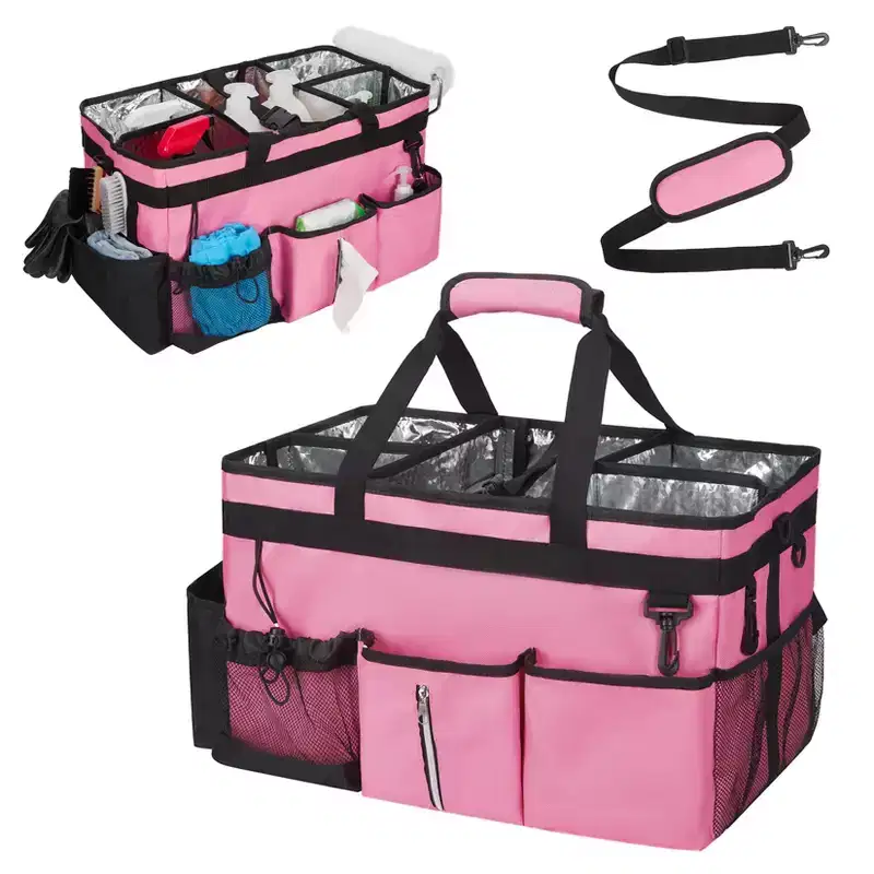 Portable Cleaning Caddy Bag with Shoulder Strap, Waterproof Oxford Cloth Organizer for Cleaning Supplies, Pink Utility Tote for Home, Car & Garden