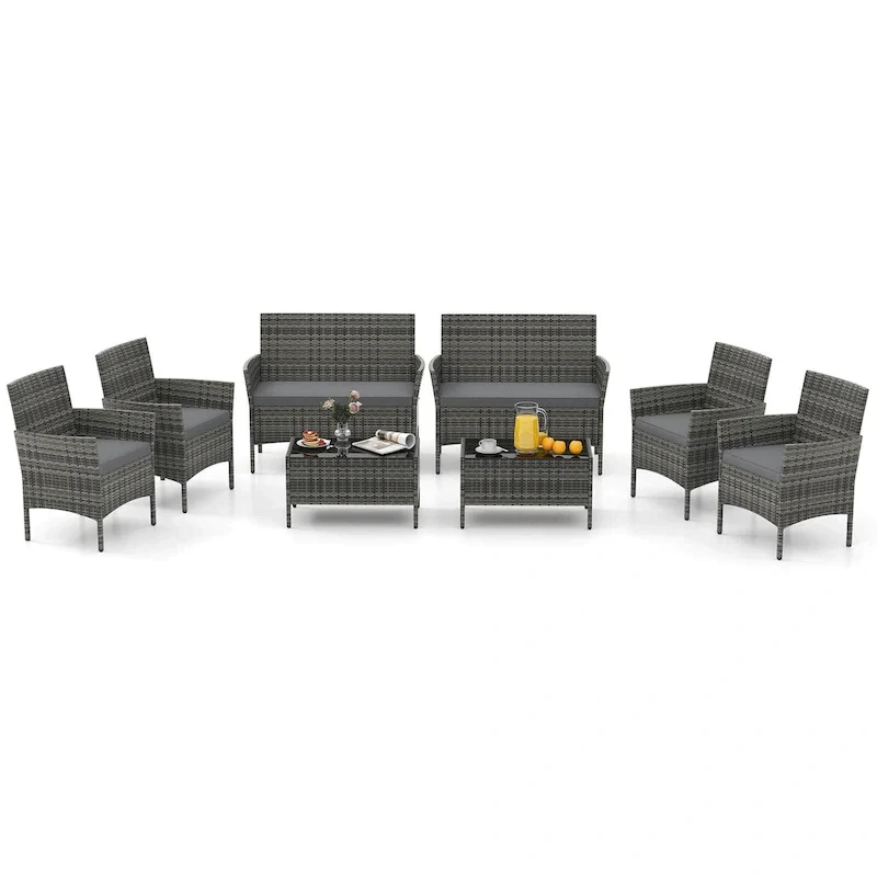 Gymax Set of 8 Furniture Set w/ Washable Cushions & Tempered Glass